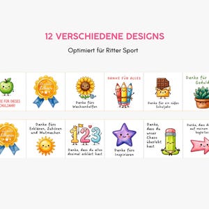 Op de afbeelding: Een set van 12 vierkante stickers met kleurrijke cartoonillustraties en Duitse tekst. De ontwerpen bevatten een appel, zonnebloem, potloden, chocoladereep, vetplant, cijfers, ster en potlood, met teksten zoals Danke f&uuml;r dieses Schuljahr.