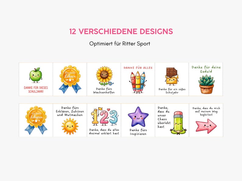 Op de afbeelding: Een set van 12 vierkante stickers met kleurrijke cartoonillustraties en Duitse tekst. De ontwerpen bevatten een appel, zonnebloem, potloden, chocoladereep, vetplant, cijfers, ster en potlood, met teksten zoals Danke f&uuml;r dieses Schuljahr.