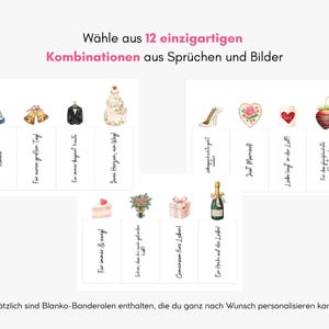 May include: A collection of twelve rectangular paper bands featuring various watercolor illustrations including wedding rings, bells, a tuxedo, a cake, a shoe, a heart, a strawberry, a bouquet, a gift, and a champagne bottle with German text.
