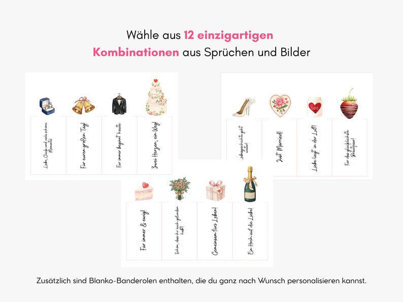 May include: A collection of twelve rectangular paper bands featuring various watercolor illustrations including wedding rings, bells, a tuxedo, a cake, a shoe, a heart, a strawberry, a bouquet, a gift, and a champagne bottle with German text.