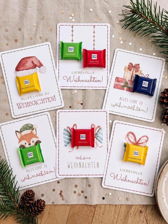 Mini Ritter Sport Weihnachten Mitbringsel, Weihnachtsdeko Druckvorlage, 6 Weihnachtskarten mit Schokolade