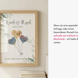 May include: Framed print with the names "Nicole & Miguel" and the date "28.04.2022". The artwork features three heart-shaped balloons, one with the number "50". The phrase "ALLES LIEBE ZUR HOCHZEN" is at the bottom. The frame is light brown.