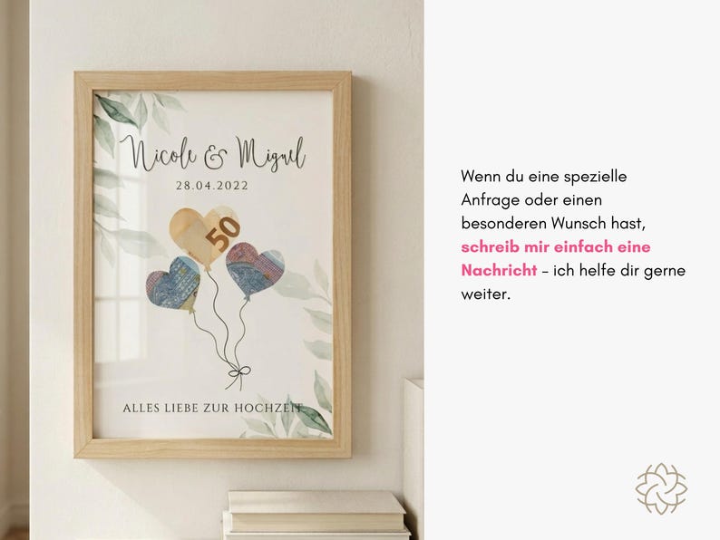 May include: Framed print with the names "Nicole & Miguel" and the date "28.04.2022". The artwork features three heart-shaped balloons, one with the number "50". The phrase "ALLES LIEBE ZUR HOCHZEN" is at the bottom. The frame is light brown.