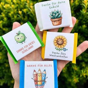 May include: Four small square chocolate bars with white wrappers featuring colorful illustrations and German text. The designs include a succulent with 'Danke für deine Geduld', an apple with 'DANKE FÜR DIESES SCHULJAHR!', a sunflower with 'Danke fürs Wachsenhelfen', and pencils with 'DANKE FÜR ALLES'.