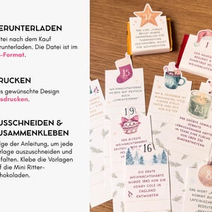 May include: A set of printable paper wrappers for mini chocolate bars featuring numbered holiday icons and German text facts about Christmas. The instructions list three steps: download the A4 file, print the design, and cut and glue the templates.