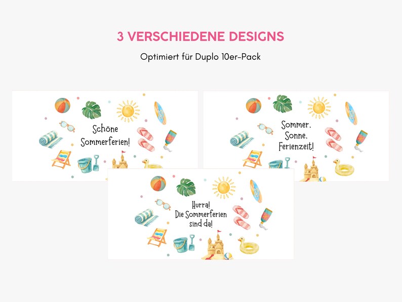 May include: Three rectangular labels featuring summer-themed watercolor illustrations including a beach ball, sun, flip-flops, sandcastle, and pool float. The text reads: 3 VERSCHIEDENE DESIGNS, Optimiert f&uuml;r Duplo 10er-Pack, Sch&ouml;ne Sommerferien!, Sommer. Sonne. Ferienzeit!, Hurra! Die Sommerferien sind da!