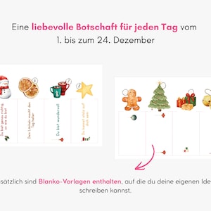 May include: A set of printable cards featuring watercolor Christmas illustrations like a snowman, orange slices, mugs, a star, gingerbread, a tree, gifts, and bells. The text reads: Eine liebevolle Botschaft f&uuml;r jeden Tag vom 1. bis zum 24. Dezember.