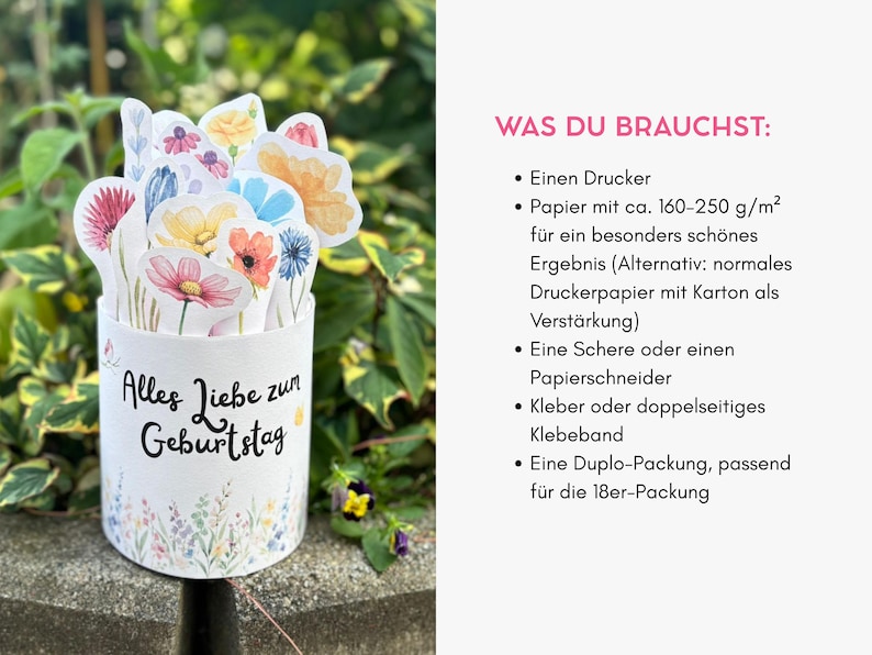 Puede incluir: Un recipiente cil&iacute;ndrico de papel blanco con el texto en alem&aacute;n Alles Liebe zum Geburtstag y un borde floral colorido. Dentro hay varios recortes de flores de papel estilo acuarela en tonos amarillos, rosas, azules y rojos.