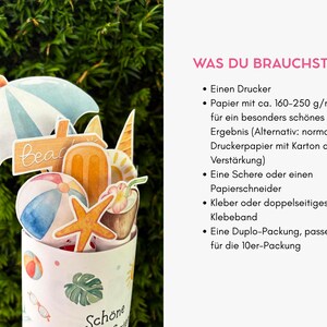 May include: A DIY craft project featuring a cylindrical container decorated with summer icons like beach balls and palm leaves, topped with paper cutouts of a beach umbrella, a starfish, a popsicle, and a sign reading beach.