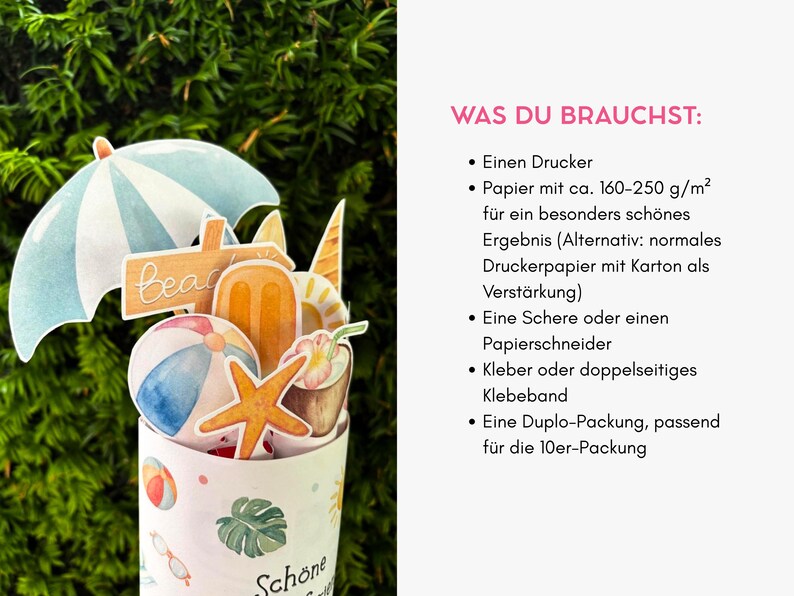May include: A DIY craft project featuring a cylindrical container decorated with summer icons like beach balls and palm leaves, topped with paper cutouts of a beach umbrella, a starfish, a popsicle, and a sign reading beach.