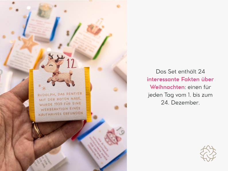 May include: A small rectangular card with a yellow border featuring a cartoon reindeer and the number 12. The text reads: Rudolph, das Rentier mit der roten Nase, wurde 1939 f&uuml;r eine Werbeaktion eines Kaufhauses erfunden. Part of a 24-piece set.