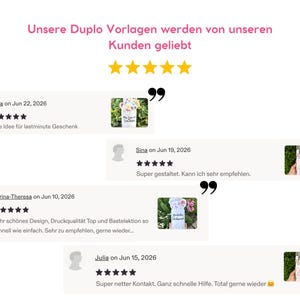 May include: A digital graphic displaying customer reviews for Duplo templates. The text reads Unsere Duplo Vorlagen werden von unseren Kunden geliebt, accompanied by five yellow stars and four individual customer testimonials with five-star ratings.