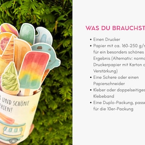 May include: A paper craft project featuring colorful ice cream illustrations in a cup with the text "SPAB UND SCH&Ouml;NE FERIEN!" and a list of instructions in German titled "WAS DU BRAUCHST:" including a printer, paper, scissors, glue, and a Duplo pack.