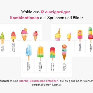 May include: A collection of twelve watercolor-style ice cream and popsicle illustrations paired with German text. The graphics feature various frozen treats in cones and on sticks, including multi-colored scoops and popsicles, with blank labels included.