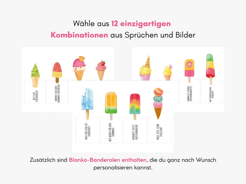 May include: A collection of twelve watercolor-style ice cream and popsicle illustrations paired with German text. The graphics feature various frozen treats in cones and on sticks, including multi-colored scoops and popsicles, with blank labels included.