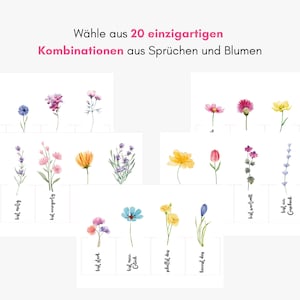 Puede incluir: Una colecci&oacute;n de tarjetas con ilustraciones florales en acuarela junto a frases en alem&aacute;n. El encabezado dice "W&auml;hle aus 20 einzigartigen Kombinationen aus Spr&uuml;chen und Blumen." Cada tarjeta muestra una flor &uacute;nica y una frase corta en alem&aacute;n escrita en fuente negra cursiva.