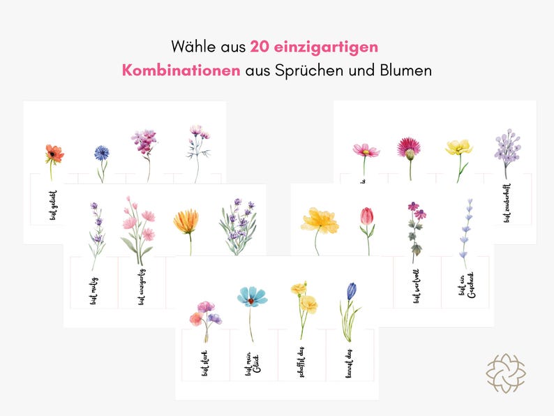 Puede incluir: Una colecci&oacute;n de tarjetas con ilustraciones florales en acuarela junto a frases en alem&aacute;n. El encabezado dice "W&auml;hle aus 20 einzigartigen Kombinationen aus Spr&uuml;chen und Blumen." Cada tarjeta muestra una flor &uacute;nica y una frase corta en alem&aacute;n escrita en fuente negra cursiva.