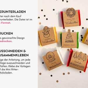 May include: Six small chocolate bars wrapped in brown kraft paper with black ink Christmas illustrations and German text, including a wreath, snowman, tree, gift, snow globe, and forest. The wrappers feature red, green, and yellow foil edges.