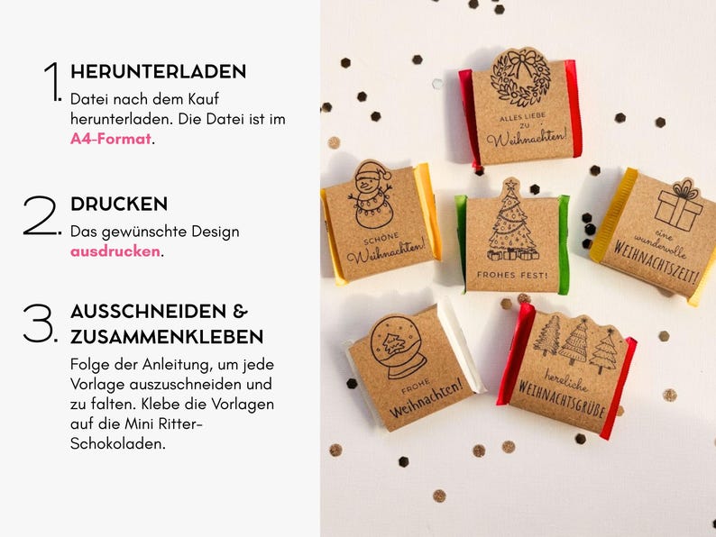 May include: Six small chocolate bars wrapped in brown kraft paper with black ink Christmas illustrations and German text, including a wreath, snowman, tree, gift, snow globe, and forest. The wrappers feature red, green, and yellow foil edges.