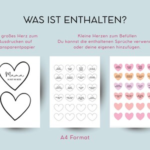 K&ouml;nnte beinhalten: Ein Set ausdruckbarer Herzdesigns in Wei&szlig;, Pfirsich und Rosa. Der Text enth&auml;lt "Mama, Du bist die Beste" und Anweisungen auf Deutsch. Das A4-Format ist ebenfalls angegeben.