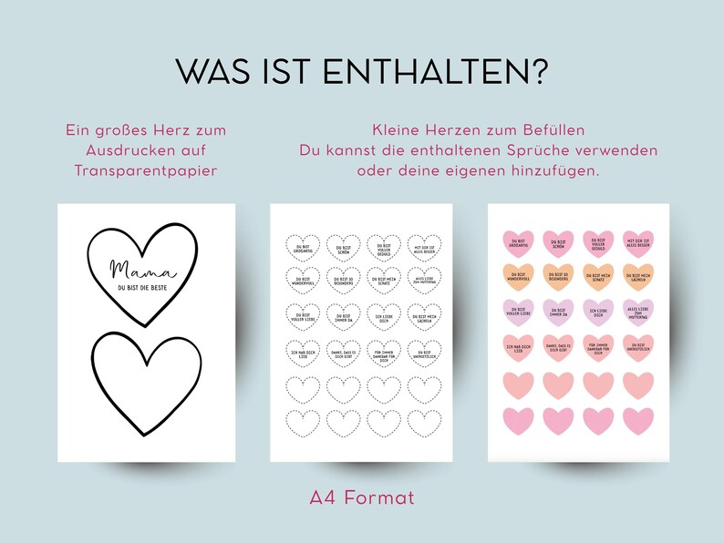K&ouml;nnte beinhalten: Ein Set ausdruckbarer Herzdesigns in Wei&szlig;, Pfirsich und Rosa. Der Text enth&auml;lt "Mama, Du bist die Beste" und Anweisungen auf Deutsch. Das A4-Format ist ebenfalls angegeben.