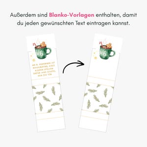 May include: Two rectangular paper strips featuring a green mug illustration with a gingerbread man and candy cane. One strip contains German text about St. Nicholas Day, while the other is a blank template. Both feature a pine branch pattern.