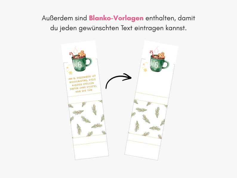 May include: Two rectangular paper strips featuring a green mug illustration with a gingerbread man and candy cane. One strip contains German text about St. Nicholas Day, while the other is a blank template. Both feature a pine branch pattern.