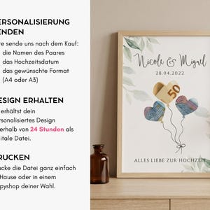 May include: A framed print with the names "Nicole & Migul" and the date "28.04.2022". The artwork features heart-shaped balloons and the text "ALLES LIEBE ZUR HOCHZEIT". The frame is light brown.