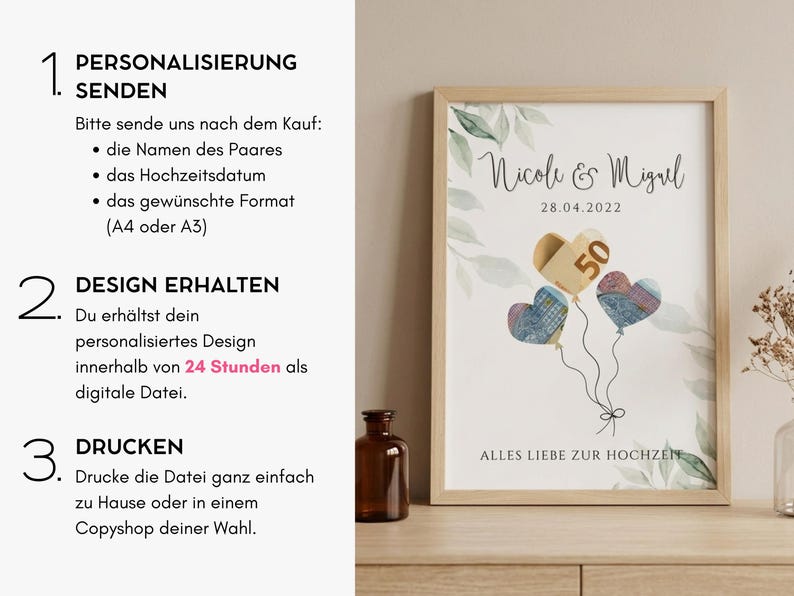 May include: A framed print with the names "Nicole & Migul" and the date "28.04.2022". The artwork features heart-shaped balloons and the text "ALLES LIEBE ZUR HOCHZEIT". The frame is light brown.
