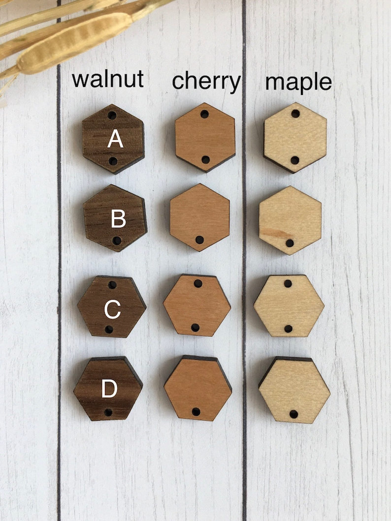 May include: Four hexagonal wooden shapes in walnut, cherry, and maple wood. Each shape is labeled with a letter from A to D. The wood shapes are arranged in three columns labeled walnut, cherry, and maple.