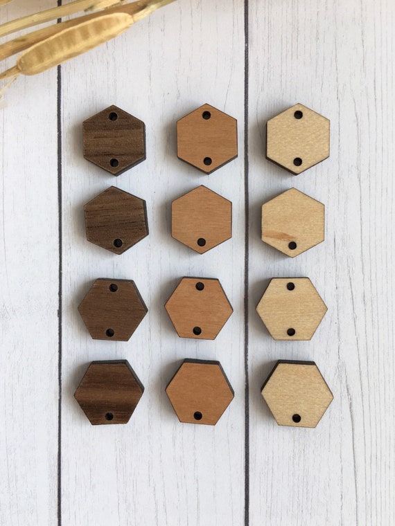 0.44 Inch Wooden Hexagon One or Two Hole 50 Pieces of Finished Wood  Supplies for Earrings / Jewelry Blanks / Findings 