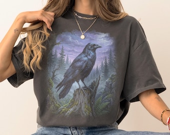 Vintage Mystic Raven Graphic Tee, Night Forest Wildlife Shirt, Gothic Dark Fantasy Style Top, Comfort Colors® Bird Gift Tee