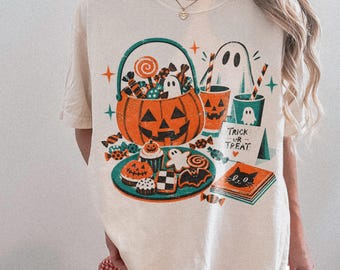 Trick Or Treat Comfort Colors® Shirt, Cute Halloween Party Graphic Tee, Ghost Pumpkin Sweatshirt, Spooky Season Gift