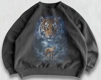 Retro Tiger Moon Sweatshirt, 90s Vintage Jungle Wildlife Crewneck, Mystic Night Sky Wilderness Scene, Big Cat Lover Gift