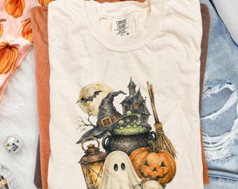 Camiseta de Halloween con sombrero de bruja, camiseta con estampado de caldero burbujeante, sudadera con fantasma de casa embrujada, regalo de otoño de Comfort Colors®