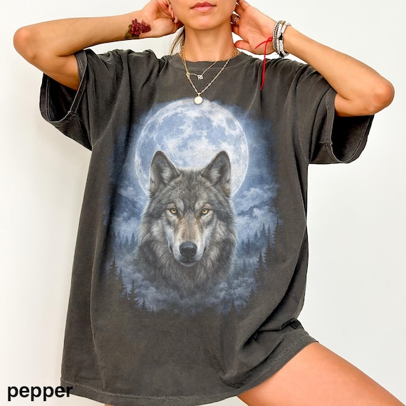 Vintage Mystic Wolf Graphic Tee, Full Moon Wildlife Animal Shirt, Rustic Forest Aesthetic Top, Comfort Colors® Wolf Gift Tee