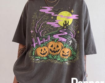 Spooky Halloween Comfort Colors® Shirt, Haunted Pumpkin Graveyard Tee, Halloween Sweatshirt Ghost Moon Gift, Cozy Fall