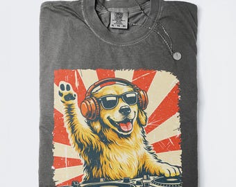 DJ Dog Music Graphic Shirt, Golden Retriever Party DJ Tee, Retro Style Music Lover Animal Top, Comfort Colors® DJ Gift Shirt