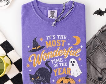 Camiseta Wonderful Time de Halloween, camiseta gráfica de gato negro y fantasma, sudadera con sombrero de bruja y calabaza, regalo de otoño de Comfort Colors®