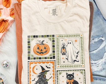 Camiseta vintage de calabaza de Halloween, camiseta con estampado de bruja y fantasma, sudadera de gato negro de arte popular, regalo de otoño de Comfort Colors®
