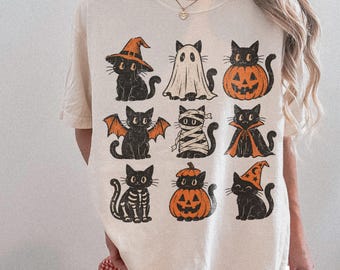 Black Cat Halloween Comfort Colors® Shirt, Cute Witchy Cat Graphic Tee, Spooky Costume Sweatshirt, Cat Lover Gift