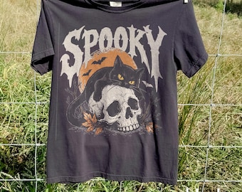 Black Cat Skull Comfort Colors® Shirt, Vintage Halloween Cat Graphic Tee, Spooky Season Sweatshirt, Black Cat Lover Halloween Gift