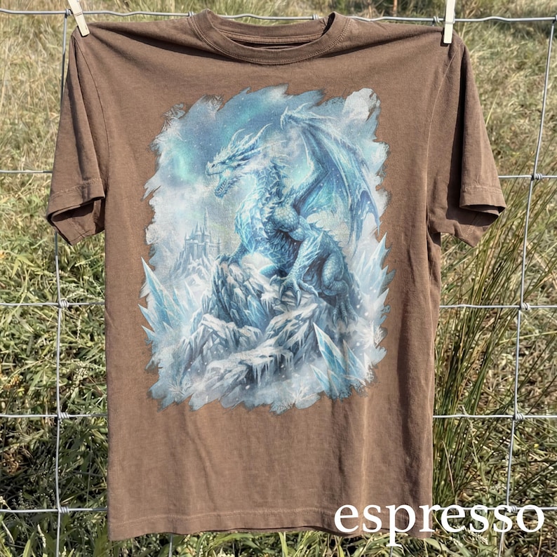 May include: Espresso-colored t-shirt featuring a detailed illustration of a blue and white dragon perched on a rocky, icy landscape. The dragon has large wings and is set against a backdrop of a castle and a starry sky. The word "espresso" is printed at the bottom.