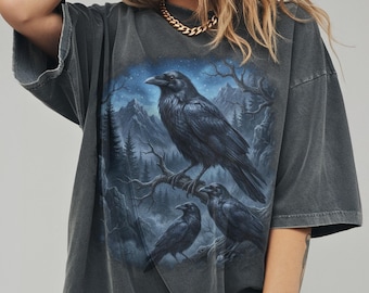 Old School Raven Trio Graphic Tee, Gothic Wildlife Bird Shirt, Dark Forest Retro Aesthetic Top, Comfort Colors® Animal Gift Tee