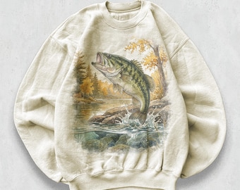 Sweat-shirt classique pour achigan à grande bouche, col rond de pêche au bord du lac vintage des années 90, style pêcheur en eau douce, cadeau parfait pour le pêcheur