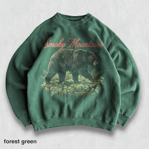 May include: Forest green sweatshirt featuring a graphic of a black bear walking through ferns, with "Smoky Mountains" in a cursive font above the bear. The sweatshirt is a solid forest green color.