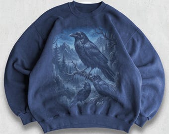Classic Raven Wildlife Sweatshirt, Vintage 90s Mountain Night Animal Crewneck, Watchful Ravens in Misty Peaks, Gift for Bird Lovers