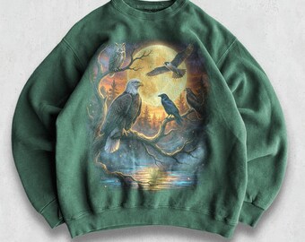 Bald Eagle Moon Gathering Sweatshirt, Vintage 90s Night Sky Raptor Crewneck, Silent Forest Watch Scene, Heritage Wildlife Gift