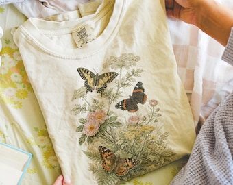 Retro Botanical Butterfly Graphic Tee, Wildflower Garden Nature Shirt, Soft Floral Style Top, Comfort Colors® Nature Lover Gift Tee
