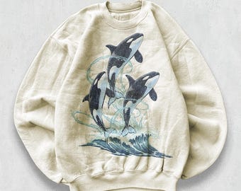 Retro Orca Ocean Wildlife Sweatshirt, 90s Vintage Marine Life Crewneck, Coastal Wave Splash Wilderness Scene, Ocean Lover Gift